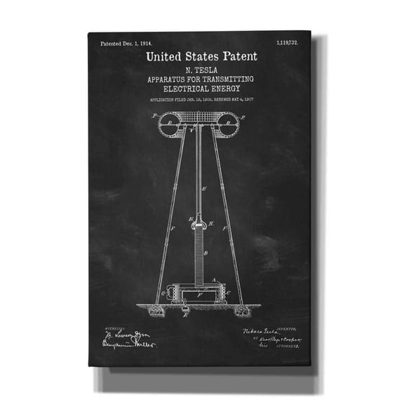 Epic Graffiti "Tesla Apparatus for Transmitting Electrical Energy Blueprint Patent Chalkboard" Giclee Canvas Wall Art, 12"x18"