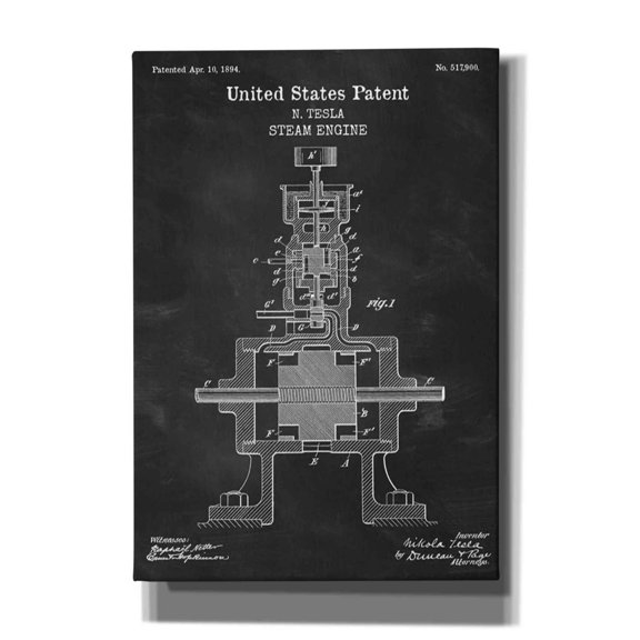 Epic Graffiti "Tesla Steam Engine Blueprint Patent Chalkboard" Giclee Canvas Wall Art, 18"x26"