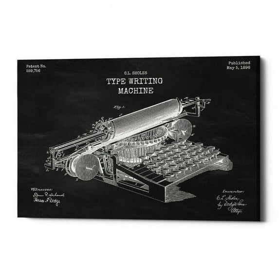 Epic Graffiti "Type Writing Machine Blueprint Patent Chalkboard" Giclee Canvas Wall Art, 12" x 18" 12" x 18"