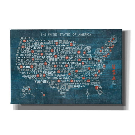 Epic Graffiti 'US City Map on Wood Blue' by Michael Mullan, Canvas Wall Art, 40"x26"
