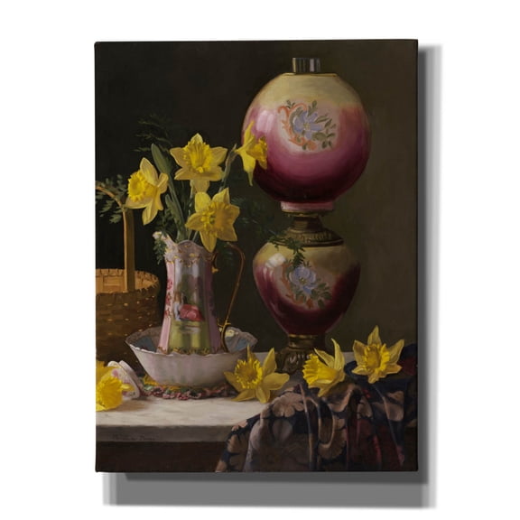 Epic Graffiti 'Victorian Lamp With Daffodils' by Christopher Pierce, Canvas Wall Art, 12"x16"