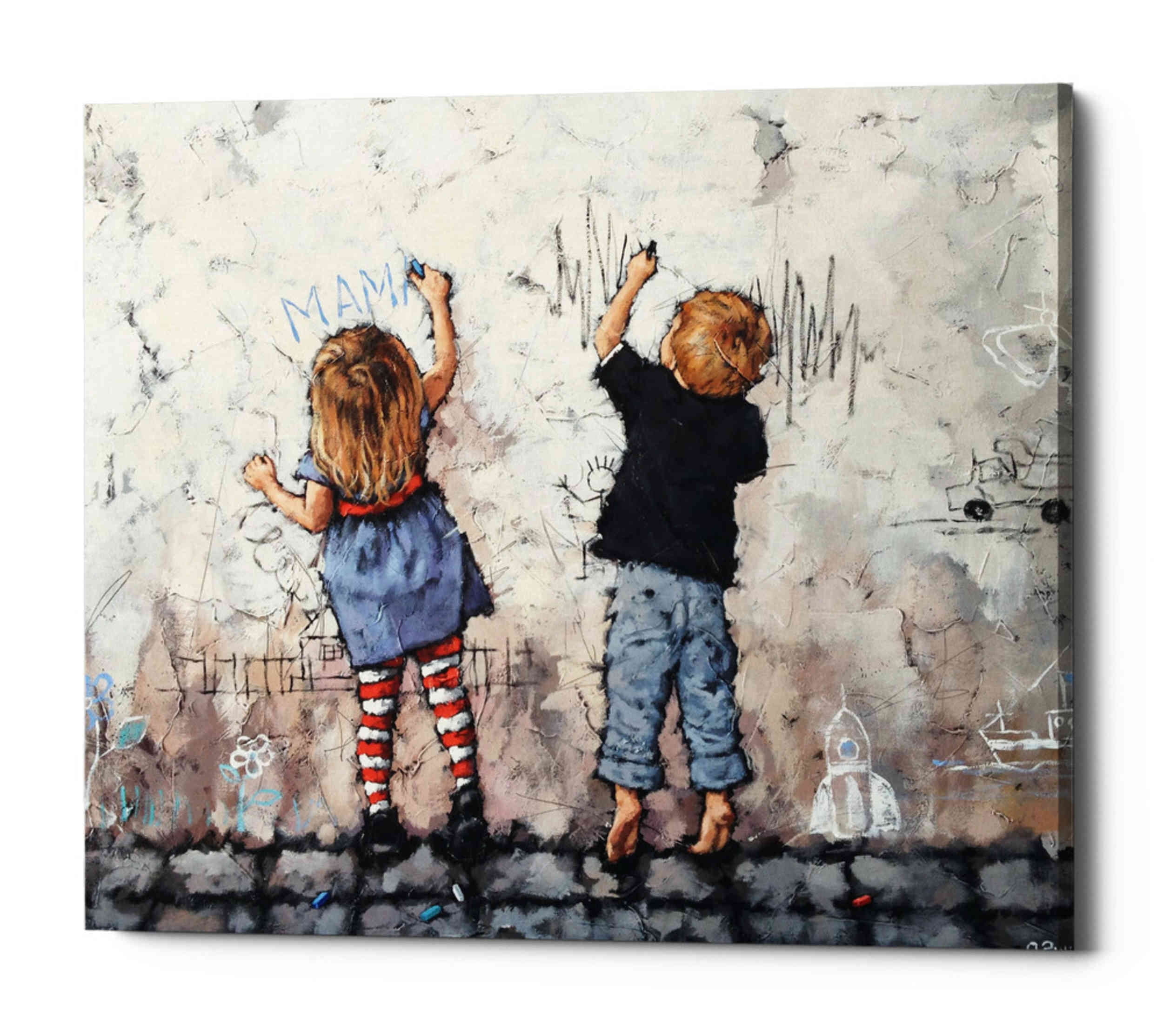 Children Drawing on Beige Canvas Wall Art, 16" x 18"