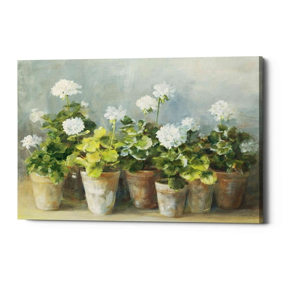Epic Graffiti 'White Geraniums Crop' by Danhui Nai, Giclee Canvas Wall Art - Green 40" x 26"