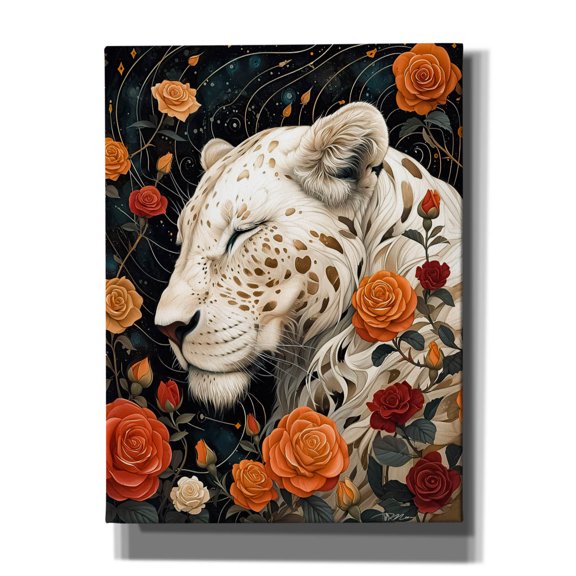 Epic Graffiti 'White Lioness Among The Roses' by Momart Canvas Wall Art, 12" x 16"