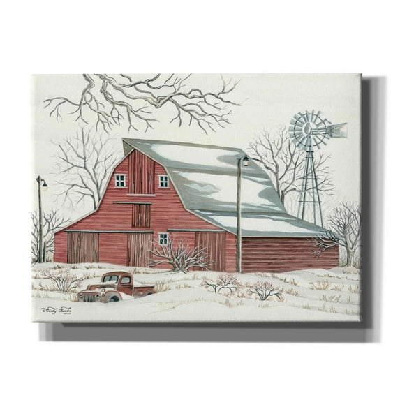 Epic Graffiti 'Winter Barn with Pickup Truck' by Cindy Jacobs, Canvas Wall Art, 16"x12"