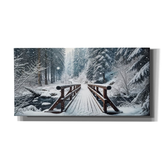 Epic Graffiti 'Wooden Bridge In Snow Over River, Winter' by Rey Klimt Canvas Wall Art, 60" x 30"