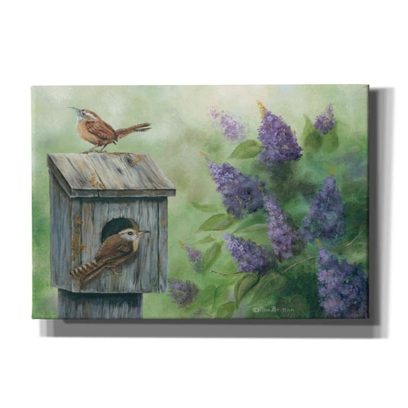 Epic Graffiti 'Wrens & Lilacs' by Pam Britton, Canvas Wall Art, 26"x18"