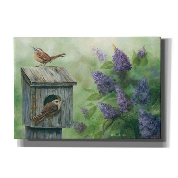 Epic Graffiti 'Wrens & Lilacs' by Pam Britton, Canvas Wall Art, 26"x18"