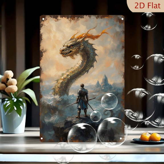 Epic Knight vs Giant Dragon Fantasy Art, Dramatic Stormy Sea Battle Scene with Glowing Red Eyes and Fiery Mane, 8x12 Inches Metal Wall Decor for Living Room, Bedroom, Office