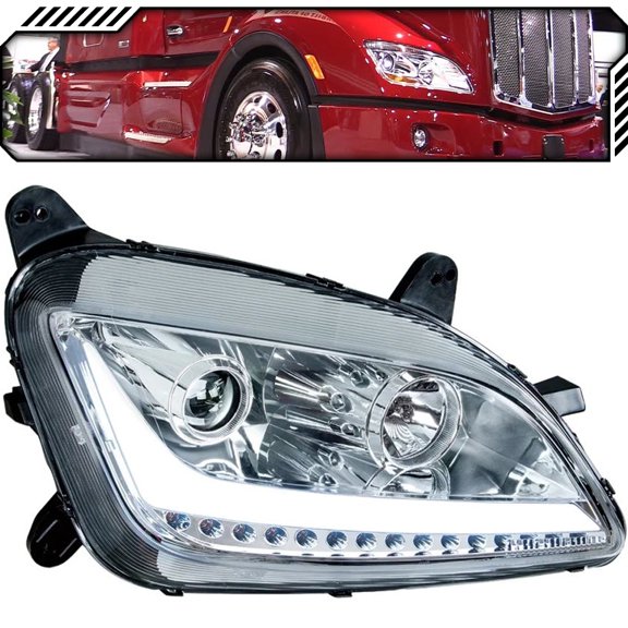 Epic Lighting Halogen Headlight Chrome Projector w/ LED Light Bar LED Turn Signal Replacement for Petrbilt 13-19 579 11-18 587 - Passenger Side