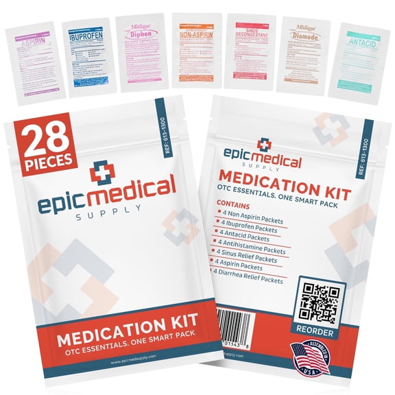 Epic Medical Supply First Aid Kit Medication Refill 28-Count Unit Dose Packets Emergency Medicine Kit Pills for 1st Aid Kit Refills, Travel, Office, Dorm, Camping Assembled in USA