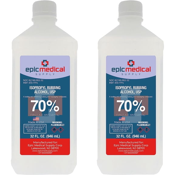 Epic Medical Supply Isopropyl Rubbing Alcohol 70% USP, 32 oz. Bottle, Multipurpose First Aid Antiseptic for Minor Wounds, Cuts, and Scrapes