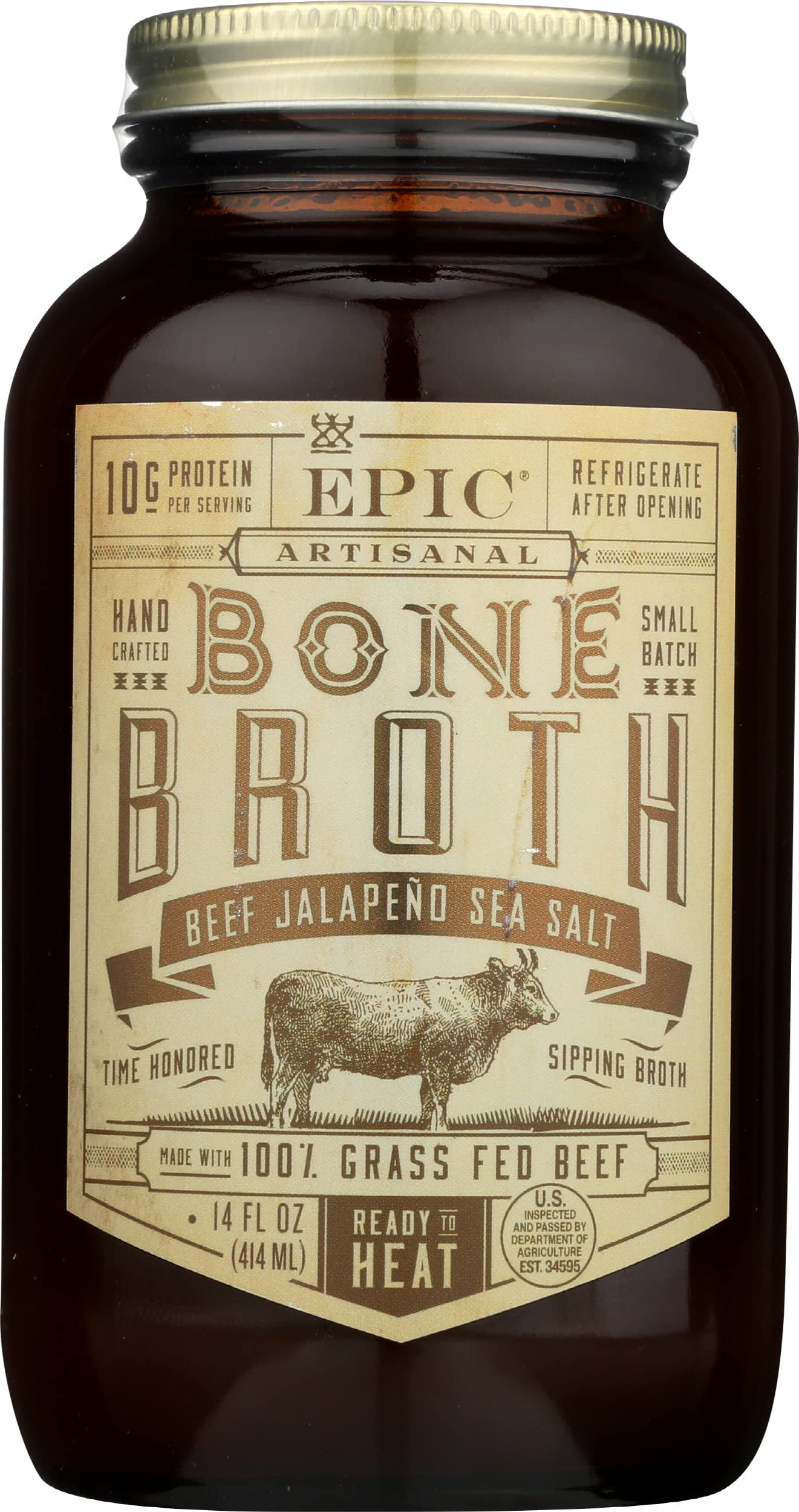 Epic Provisions Beef Jalapeno Sea Salt Bone Broth, Keto Friendly, Paleo Friendly, 14 fl oz (Pack of 6)