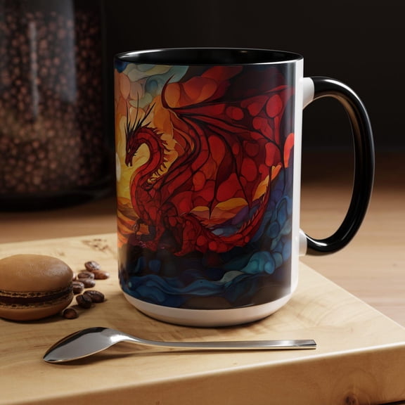 Epic Red Dragon Stained Glass Style Art Coffee Mug, Fantasy Art Ceramic Tea Cup, Tabletop Gaming Lover Dragon Decor, Mythical Creature Gift