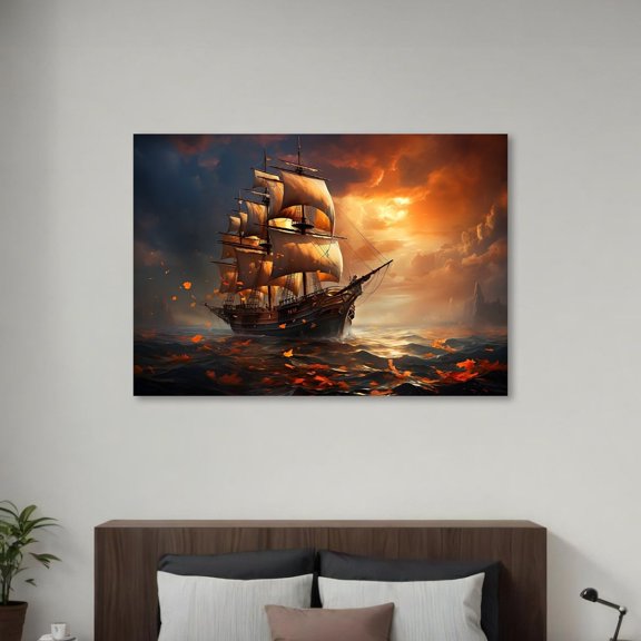 Epic Sailing Ship Canvas Art, Dramatic Ocean Painting For Living Room, Modern Nautical Home Decor, Unframed Poster Size 8x12