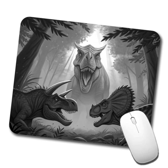 Epic Showdown T-Rex Triceratops Velociraptor Dinosaurs Mouse Pad Low Profile Gaming Mat