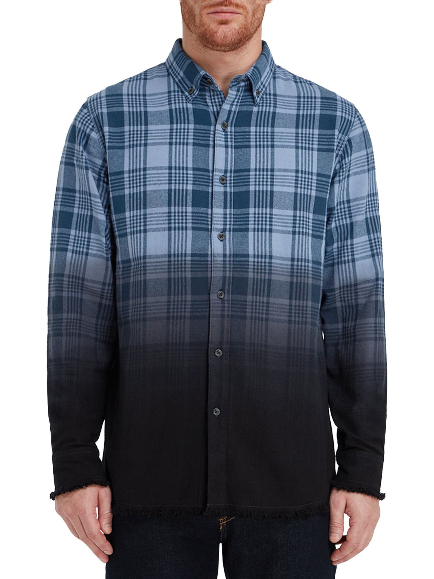 Epic Studio Men's & Big Men's Raw Hem Dip Dye Plaid Flannel Shirt, Sizes XS-3XL, Mens Shirts