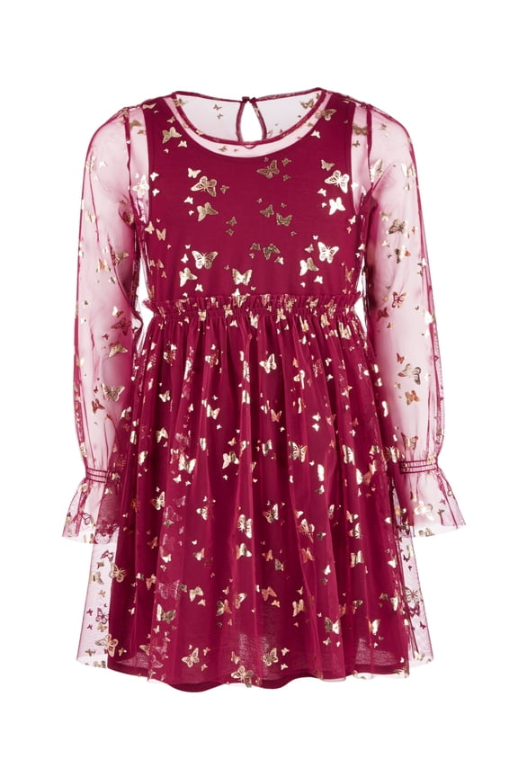 Big Kid Girls Butterfly Print Mesh Dress,Crimson Autumn,S