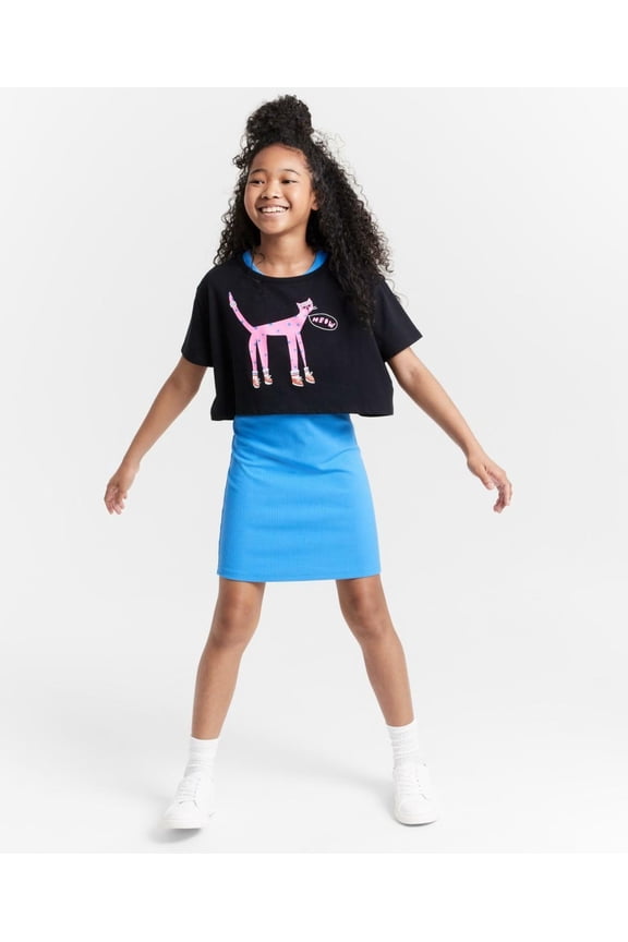 Girls Meow Top & Ribbed Dress, 2 Piece Set, Created for Macy's - Campanula