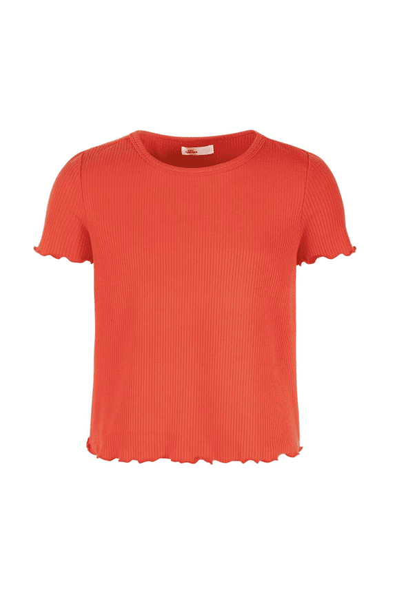 Girls Solid Ribbed T-Shirt- Atomic Orange