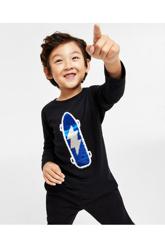 Little Boys Long-Sleeve Sequinned Skateboard T-shirt, Created for Macy's - Deep Black