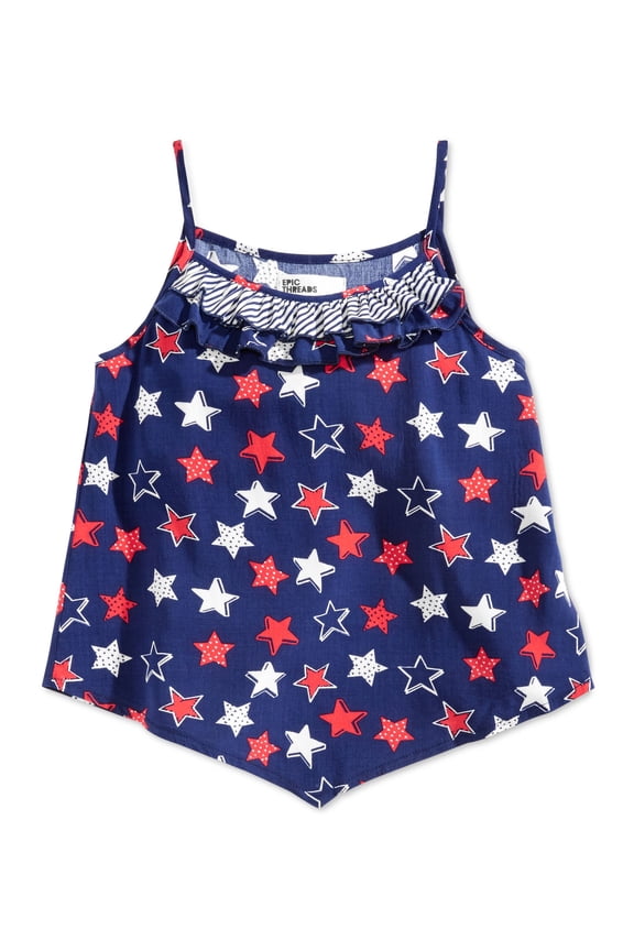Little Girls Printed Ruffle Trim Tank Top Blue Star 6X