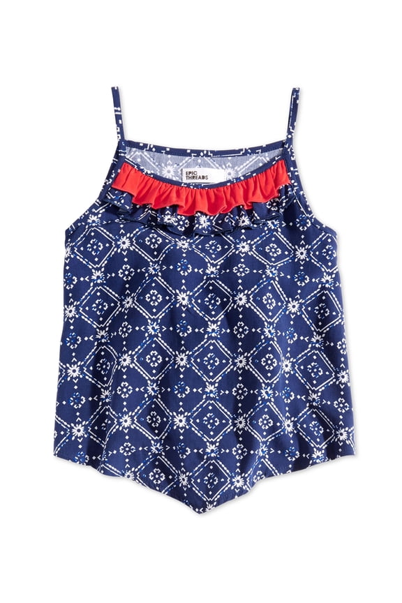 Toddler Girls Printed Ruffle Trim Tank Top Blue Print 2T