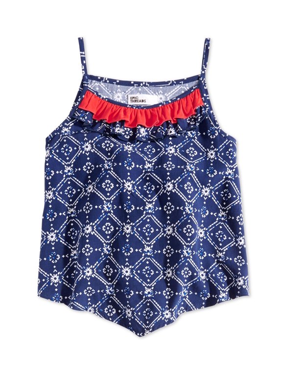 Toddler Girls Printed Ruffle Trim Tank Top Blue Print 2T