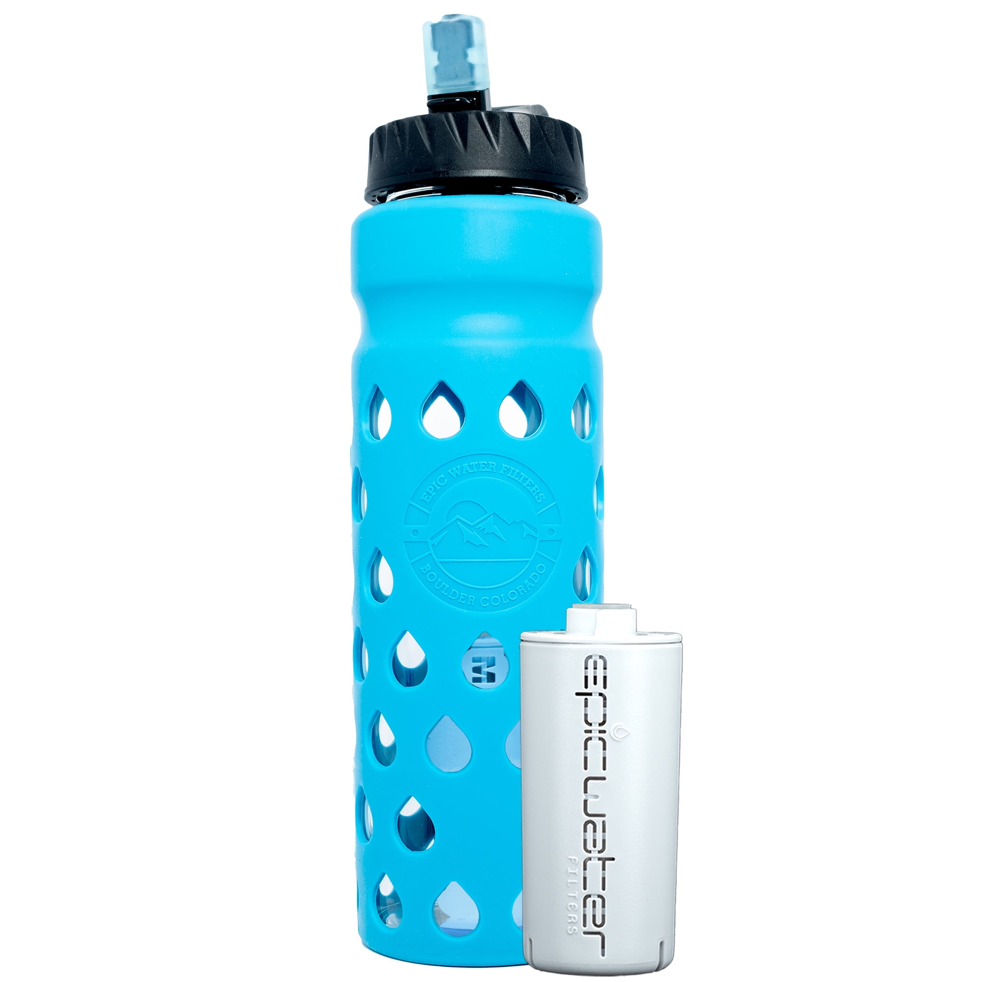 Epic Water Filters Escape Glass Water Bottle and 75 Gallon Filter - Removes 99.99% of Water Impurities, 32oz, Blue