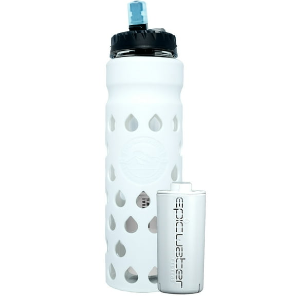Epic Water Filters Escape Glass Water Bottle and 75 Gallon Filter - Removes 99.99% of Water Impurities, 32oz, White