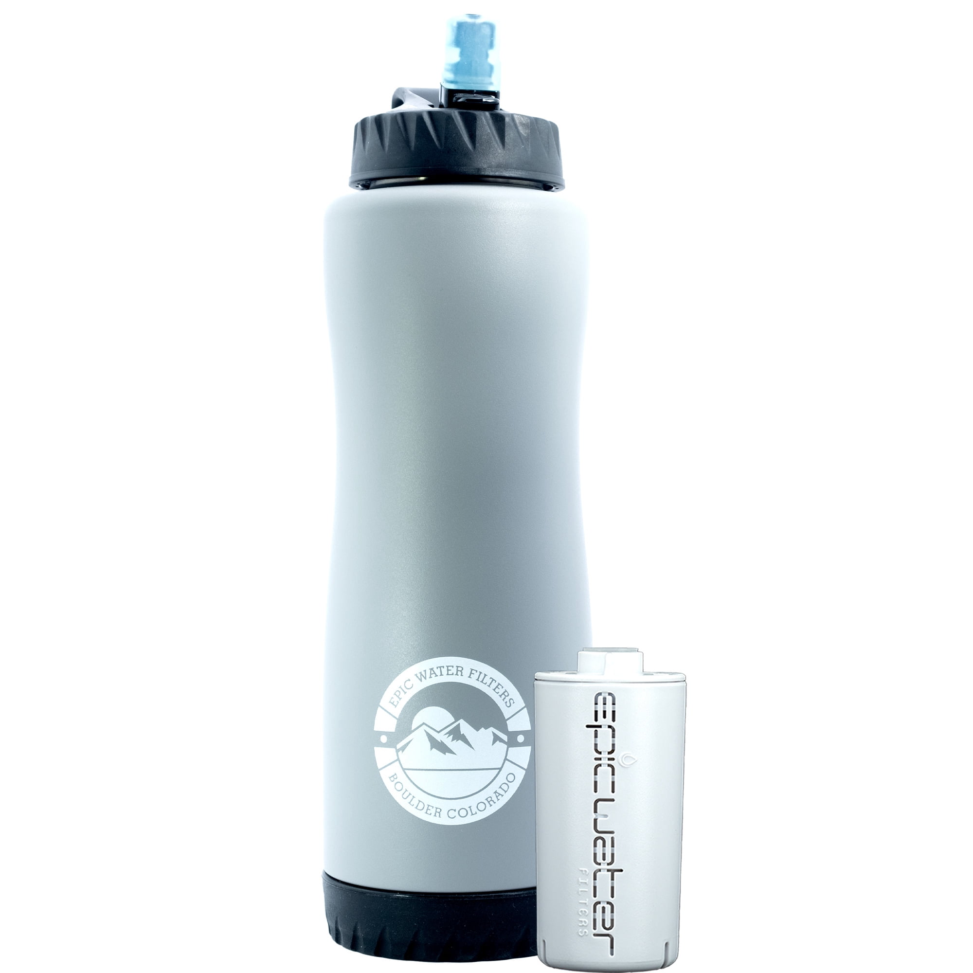 Epic Water Filters Vostok Stainless Steel Insulated Water Bottle and 75 Gallon Filter - Removes 99.99% of Water Impurities, 34oz, Grey