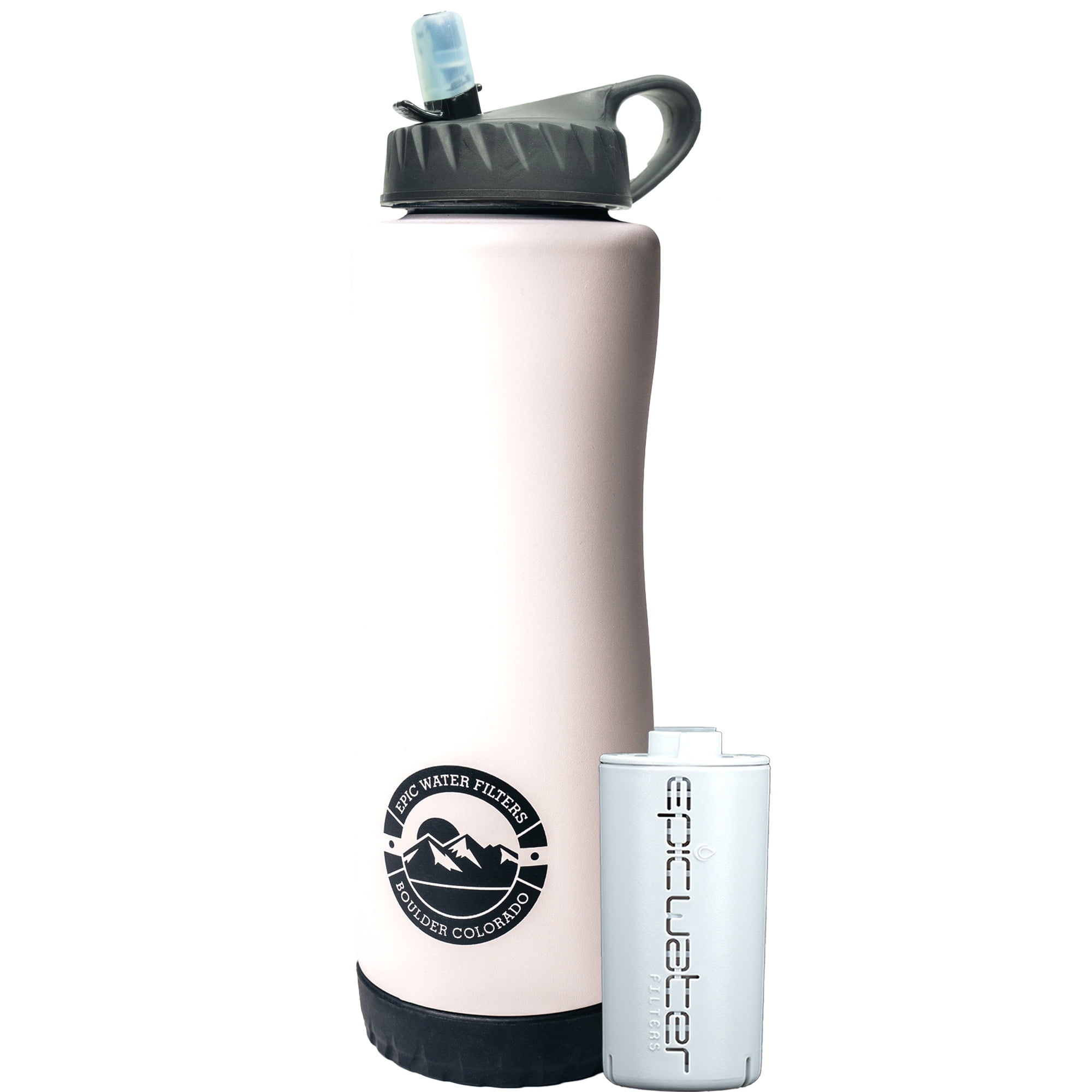 Epic Water Filters Vostok Stainless Steel Insulated Water Bottle and 75 Gallon Filter - Removes 99.99% of Water Impurities, 34oz, White
