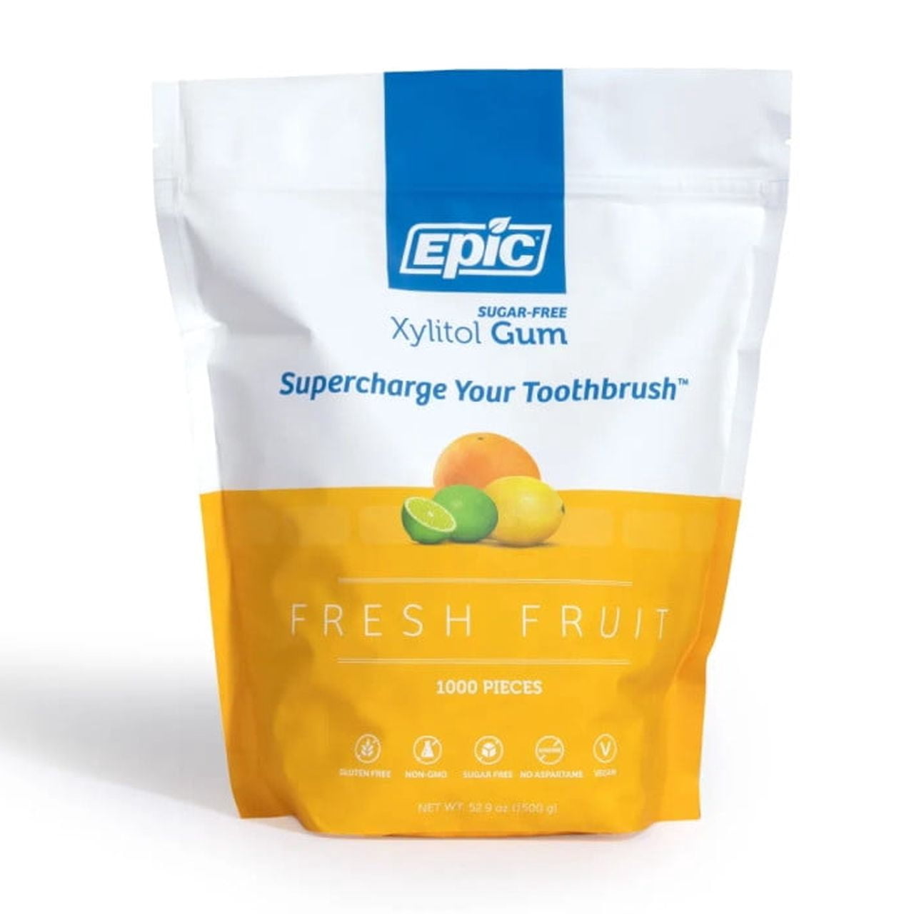 Epic Xylitol Chewing Gum - Sugar Free & Aspartame Free Chewing Gum Sweetened w/Xylitol for Dry Mouth & Gum Health (Fresh Fruit, 1000-Piece Bag, 1 Bag)