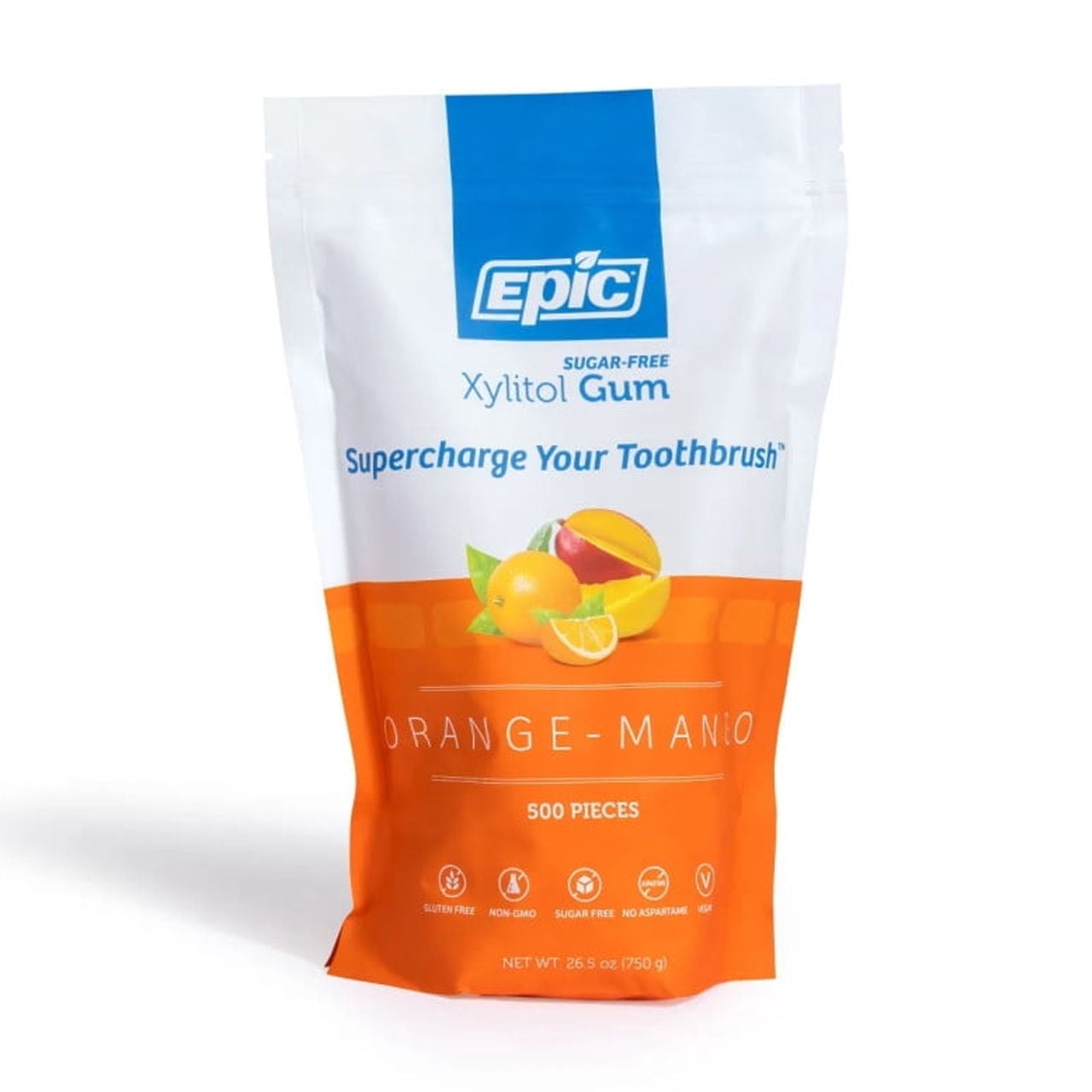 Epic Xylitol Chewing Gum - Sugar Free & Aspartame Free Chewing Gum Sweetened w/Xylitol for Dry Mouth & Gum Health (Orange-Mango, 500-Piece Bag, 1 Bag)