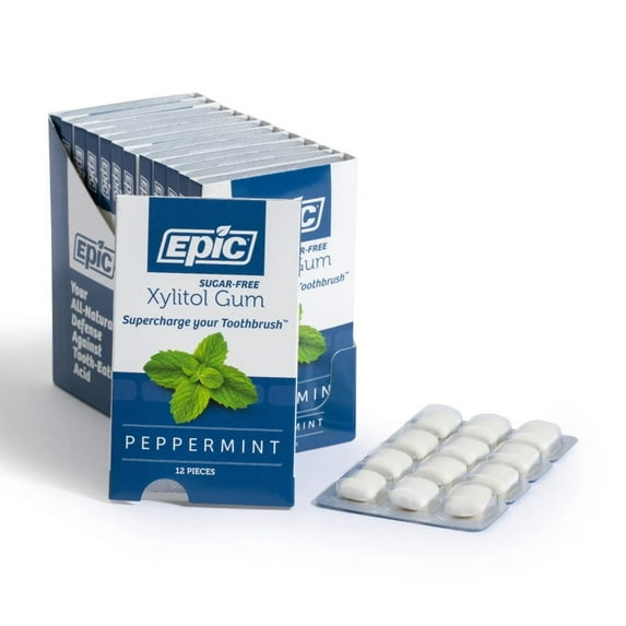 Epic Xylitol Chewing Gum - Sugar Free & Aspartame Free Chewing Gum Sweetened w/Xylitol for Dry Mouth & Gum Health (Peppermint, 12-Piece Pack, 12 Packs)
