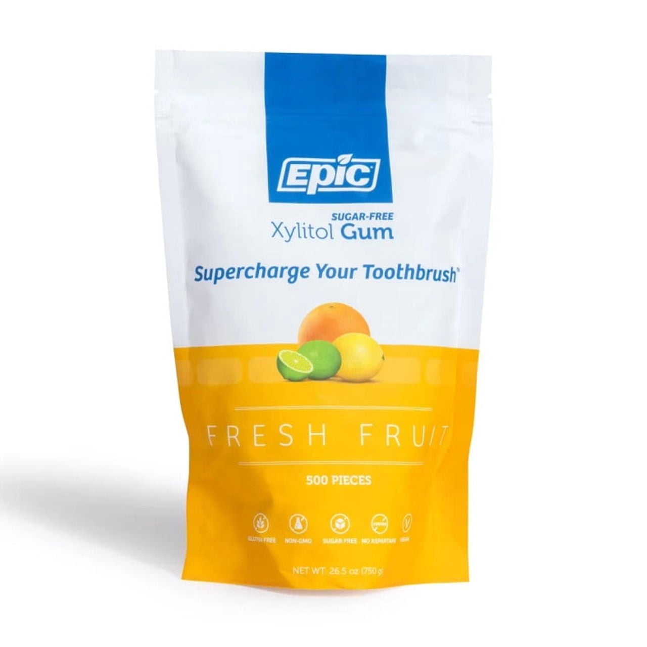 Epic Xylitol Chewing Gum - Sugar Free & Aspartame Free Chewing Gum Sweetened w/Xylitol for Dry Mouth & Gum Health (Fresh Fruit, 500-Piece Bag, 1 Bag)
