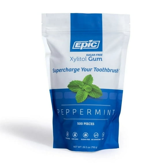 Epic Xylitol Chewing Gum - Sugar Free & Aspartame Free Chewing Gum Sweetened w/Xylitol for Dry Mouth & Gum Health (Peppermint, 500-Piece Bag, 1 Bag)