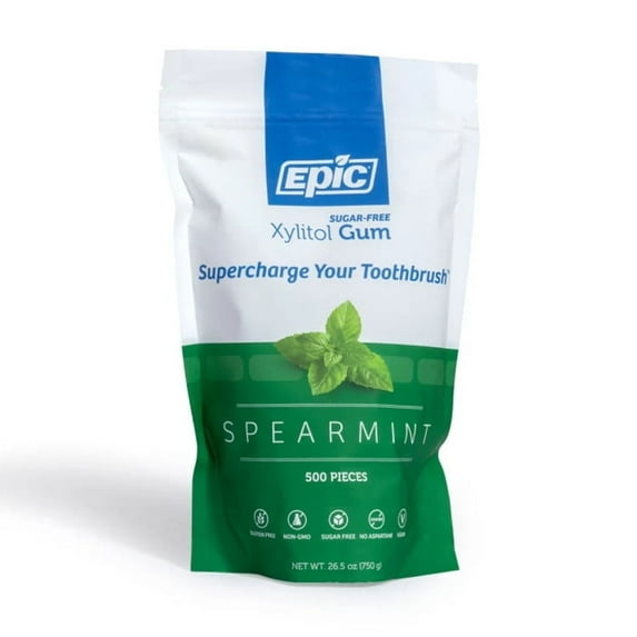 Epic Xylitol Chewing Gum - Sugar Free & Aspartame Free Chewing Gum Sweetened w/Xylitol for Dry Mouth & Gum Health (Spearmint, 500-Piece Bag, 1 Bag)