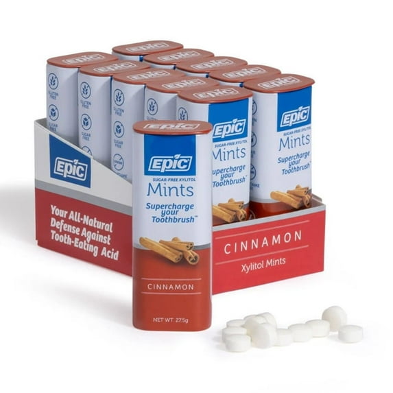 Epic Xylitol Mints - Sugar Free & Aspartame Free Mints Sweetened w/Xylitol for Dry Mouth & Gum Health (Cinnamon, 55-Piece Tin, 10 Tins)
