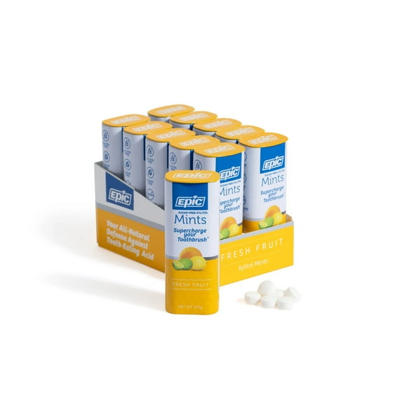 Epic Xylitol Mints - Sugar Free & Aspartame Free Mints Sweetened w/Xylitol for Dry Mouth & Gum Health (Fresh Fruit, 55-Piece Tin, 10 Tins)