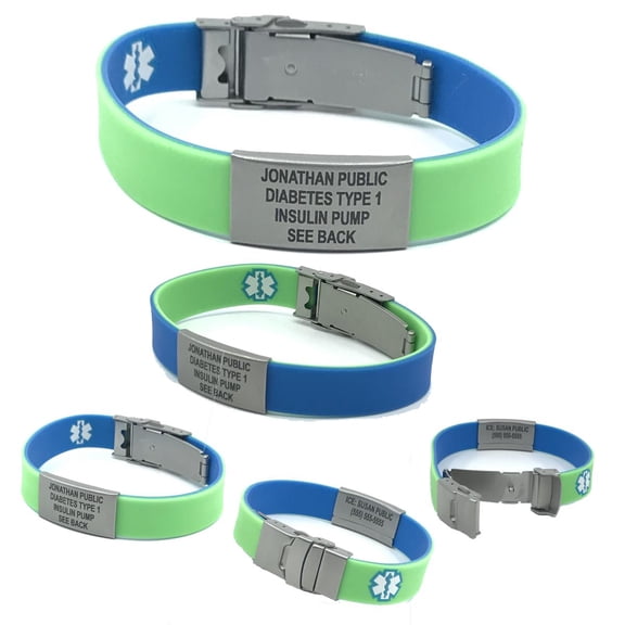 EpicBand Duo Medical Alert ID Bracelet for Kids, Teens , Adults. Reversible, Custom Engraved. Free Shipping - Green / Blue