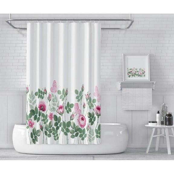 EpicGadget Butterfly on Flower Shower Curtain Set with Hooks Rings, Bathroom Accessories Waterproof Polyester Shower Curtain for Bathroom Home Decor, 72 x 72 inches Long