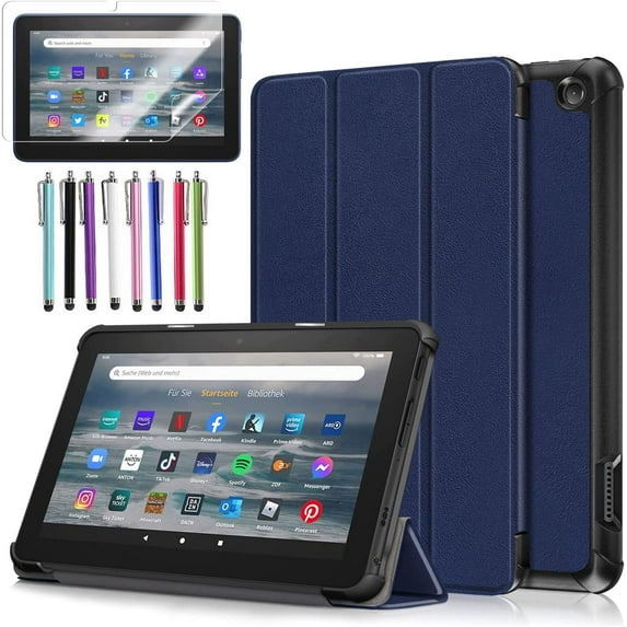 EpicGadget Case for Amazon Fire 7 (12th Generation, 2022 Released) - Lightweight Tri-fold Stand Auto Wake/Sleep Folio Cover Case + 1 Screen Protector and 1 Stylus (Navy Blue)