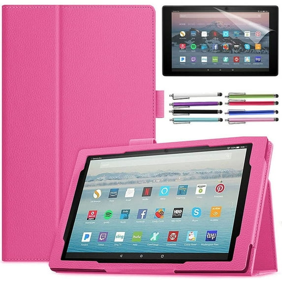 EpicGadget Case for Amazon Fire HD 10 / Fire HD 10 Plus (11th Generation, 2021 Released) - Lightweight Folding Folio Stand Cover PU Leather Cover Case + 1 Screen Protector and 1 Stylus (Pink)
