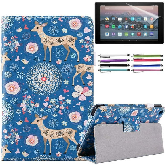 EpicGadget Case for Amazon Fire HD 10 / Fire HD 10 Plus (11th Generation, 2021 Released) - Lightweight Folding Folio Stand Cover PU Leather Cover Case + 1 Screen Protector and 1 Stylus (Deer)