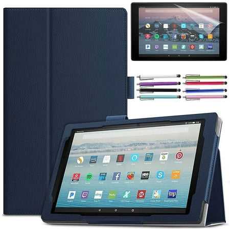 EpicGadget Case for Amazon Fire HD 10 Inch Tablet (11th Generation, 2021 Released) - Lightweight Folio Folding Stand Cover PU Leather Case + 1 Screen Protector and 1 Stylus (Navy Blue)