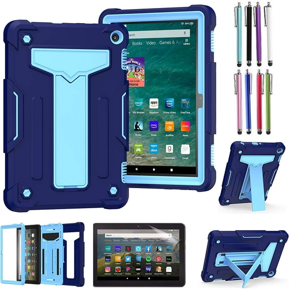 EpicGadget Case for Amazon Fire HD 8 / Fire HD 8 Plus (12th Generation, 2022 Released) - Hybrid Protective Case Cover with Kickstand + 1 Stylus and 1 Screen Protector (Navy Blue/Light Blue)