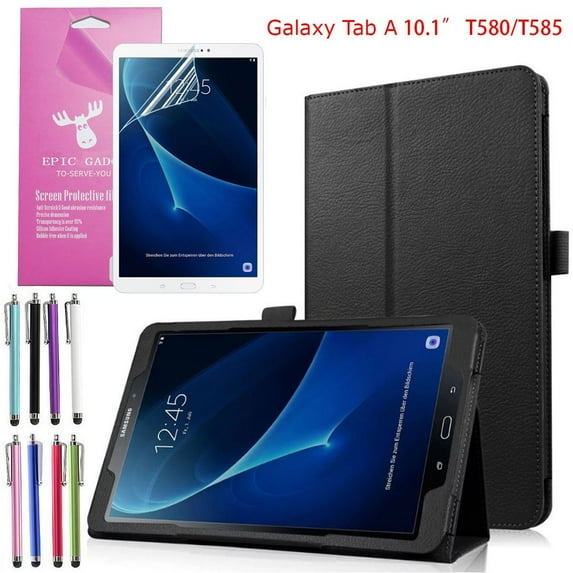 EpicGadget Case for Galaxy Tab A 10.1 (SM-T580/T585) (2016), PU Leather Folding Stand Folio Cover Case for Samsung Galaxy Tab A 10.1 Released in 2016 + Screen Protector and Stylus (Black)
