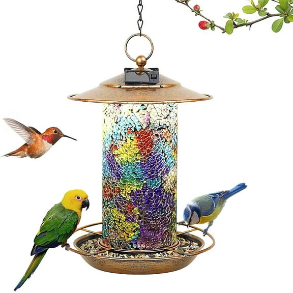 EpicGadget Outdoor Wild Birds Feeder with Fairy Solar Lights Hanging for Outside, Mosaic Lantern Design Solar Birdfeeders Hanging Lantern for Garden Yard Outdoor Decoration, Gift Ideas for Bird Lovers