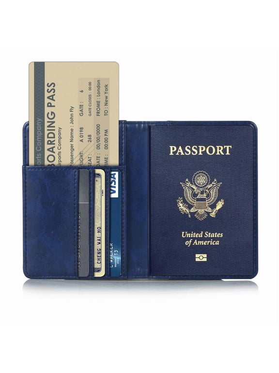 Passport Holder Travel Wallet RFID Blocking Case Cover - Minimalist Premium PU Leather Passport Wallet Holder, Passport, ID, Card and Boarding Pass Holder Travel Organizer (Navy Blue)